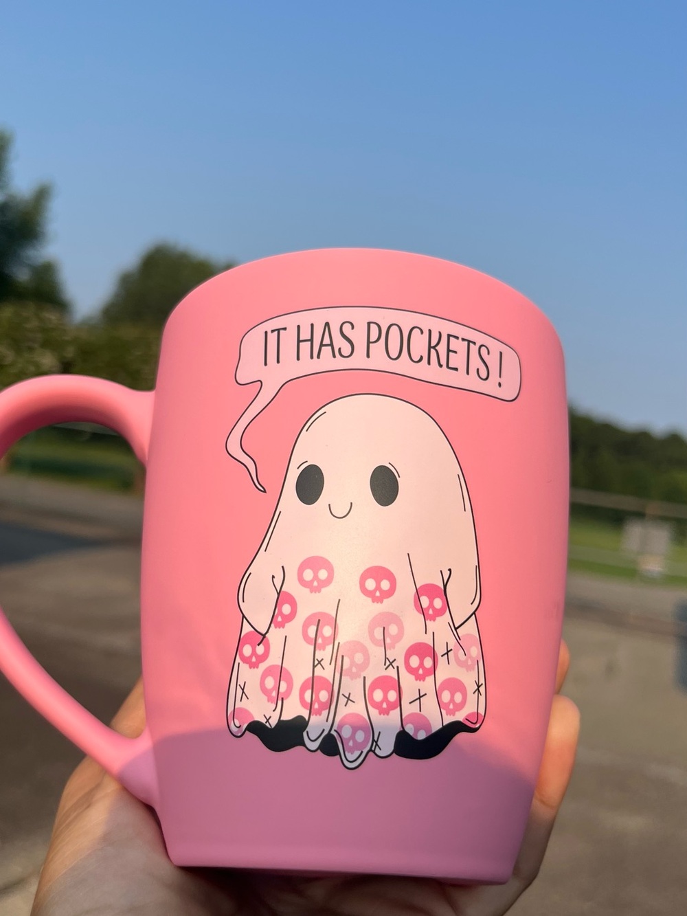 Pink Ceramic Halloween Mug with Ghost Illustration